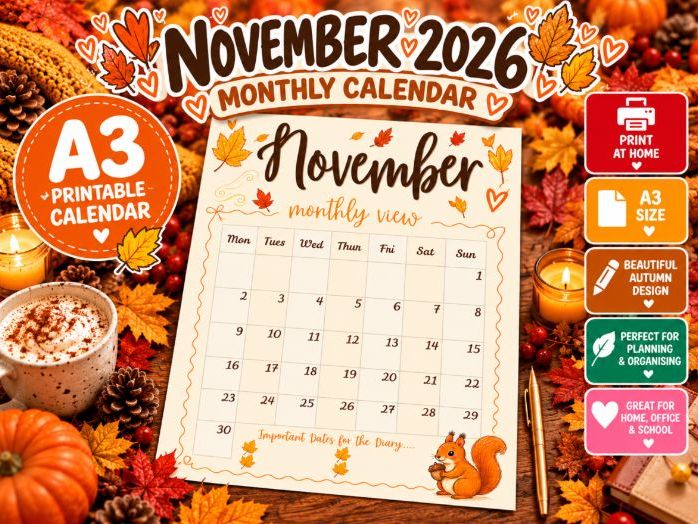 November 2026 Calendar Printable A3 | Autumn Monthly Wall Planner | Cute Squirrel Calendar | One Mon