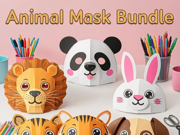 Printable Animal Paper Mask Craft Bundle – 5 Cut-Out Masks for Kids