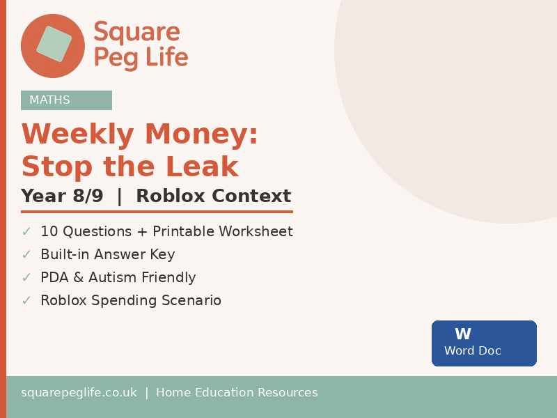 Roblox Money Maths Year 8/9 PDA Friendly Printable Worksheet