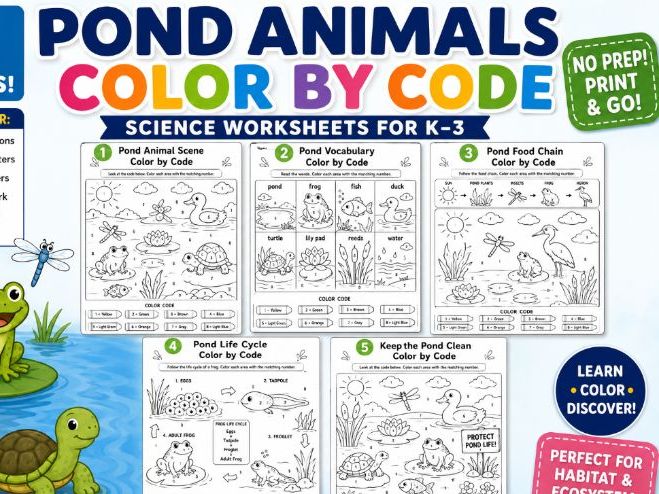 Pond Animals Color by Code Worksheets | Habitat Science Coloring Pages | K–3