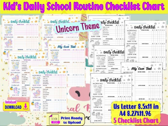Kid's Daily School Routine Checklist Chart (Unicorn Theme)