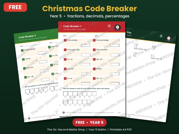 FREE Year 5 Christmas Maths Code Breaker | Fractions, Decimals and Percentages