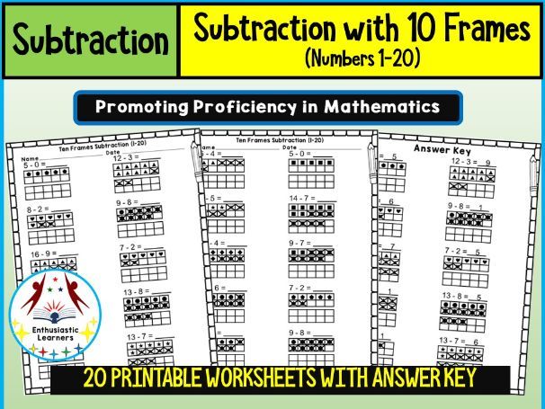 Subtraction with 10 Frames (Numbers 1–20) Worksheets – Practice Activity
