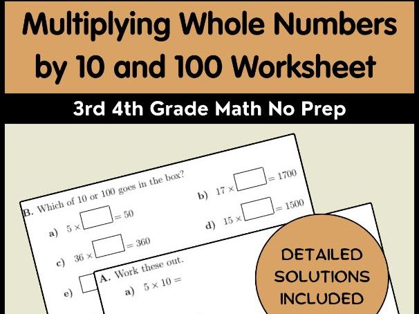Multiplying Whole Numbers by 10 and 100 Worksheet | 3rd 4th Grade Math No Prep