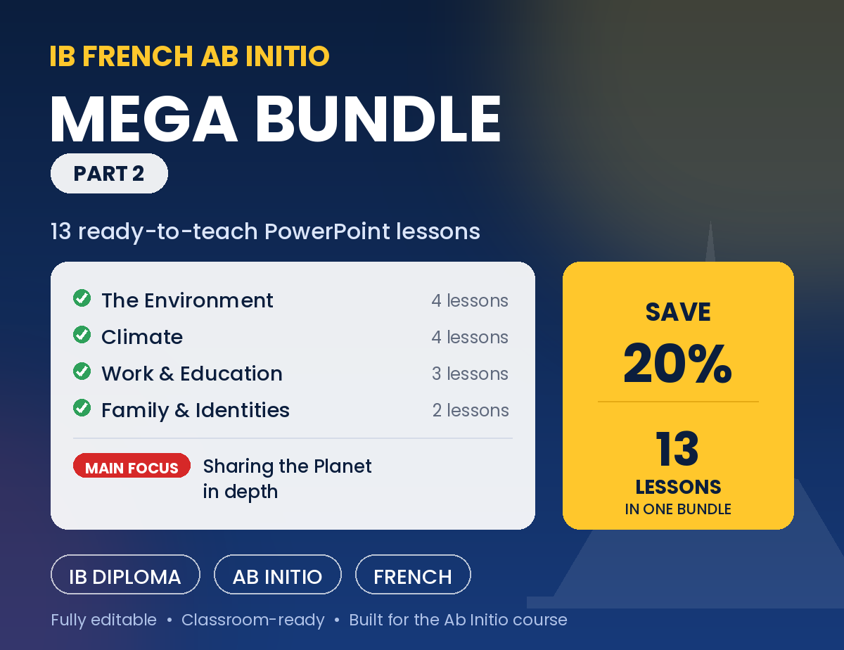 "IB French Ab Initio MEGA BUNDLE (Part 2) - 13 PowerPoint Lessons - Sharing the Planet, Social Organisation & Identities"