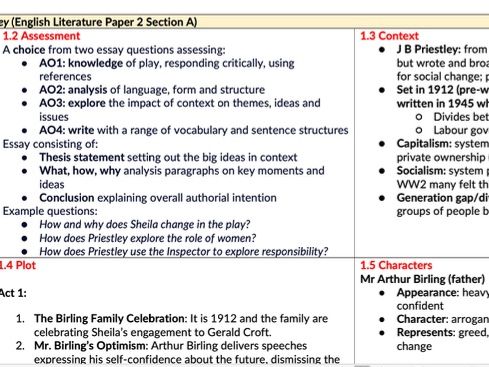 An Inspector Calls Knowledge Organiser