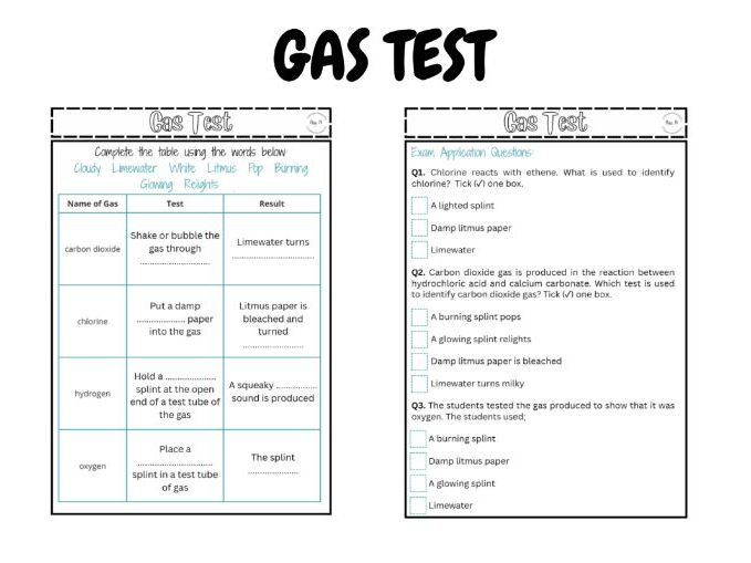 Gas Tests Worksheet KS3 LA/SEND