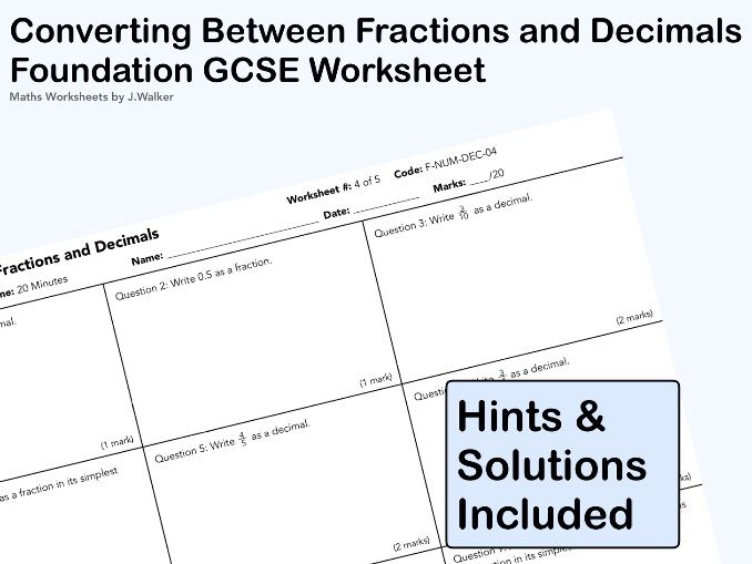 GCSE Maths Worksheet: Converting Between Fractions and  Decimals - Foundation Tier
