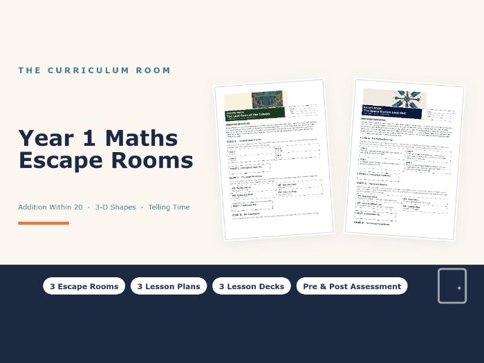 Year 1 Maths Escape Rooms: Addition Within 20, 3-D Shapes, Telling Time