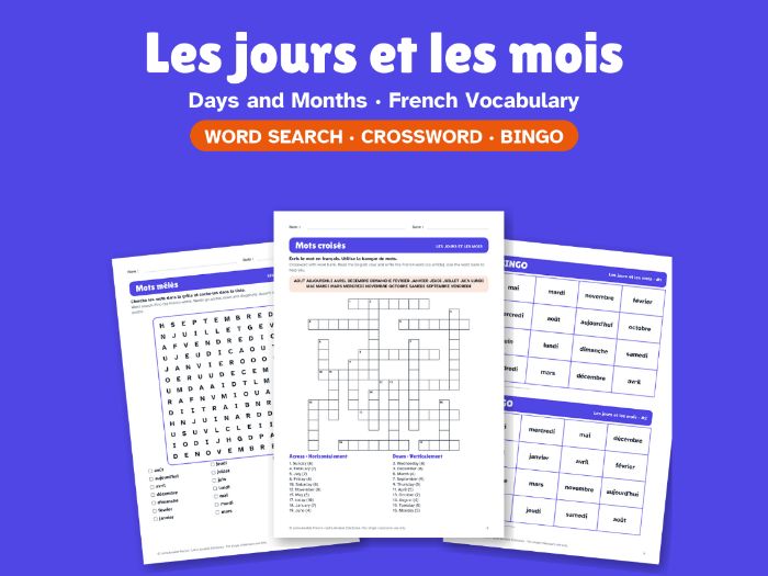 Days and Months in French: Word Search, Crossword & Bingo