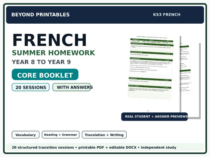 French Summer Homework Booklet Year 8 to Year 9 Core with Answers