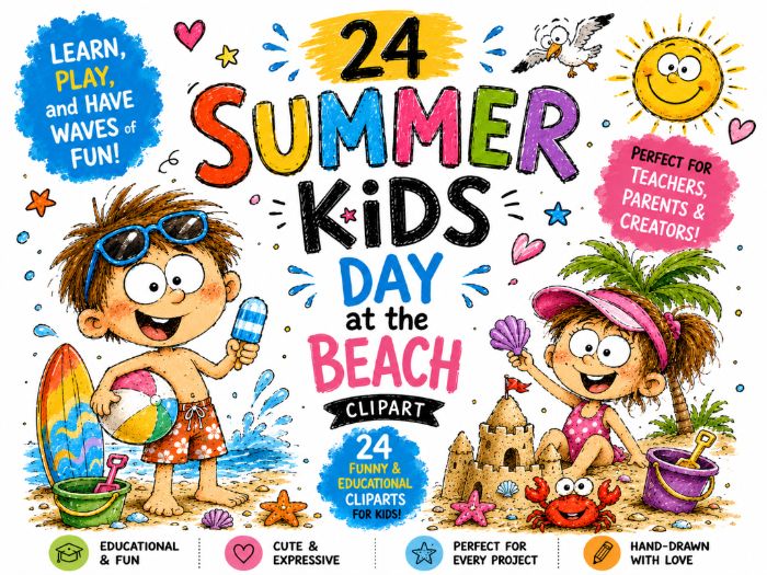 24 Summer Kids Day at the Beach Clipart Bundle