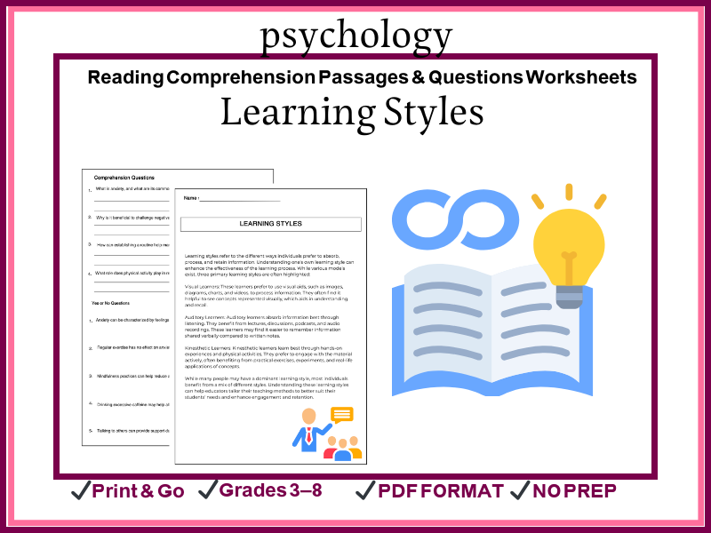 Learning Styles Reading Comprehension Passages & Questions Worksheets