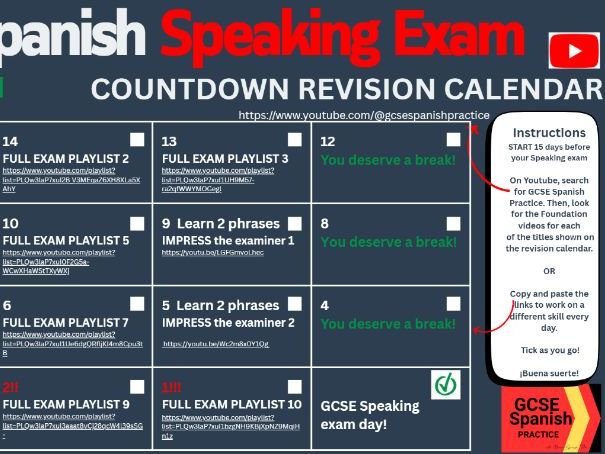 AQA GCSE Spanish - Year 11 Speaking Exam Countdown Revision Calendar