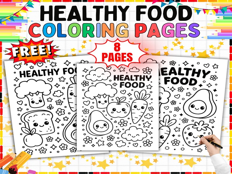 Free Healthy Food Coloring Pages | 8 Page Coloring Sheets | Fruit and Vegetable Fun