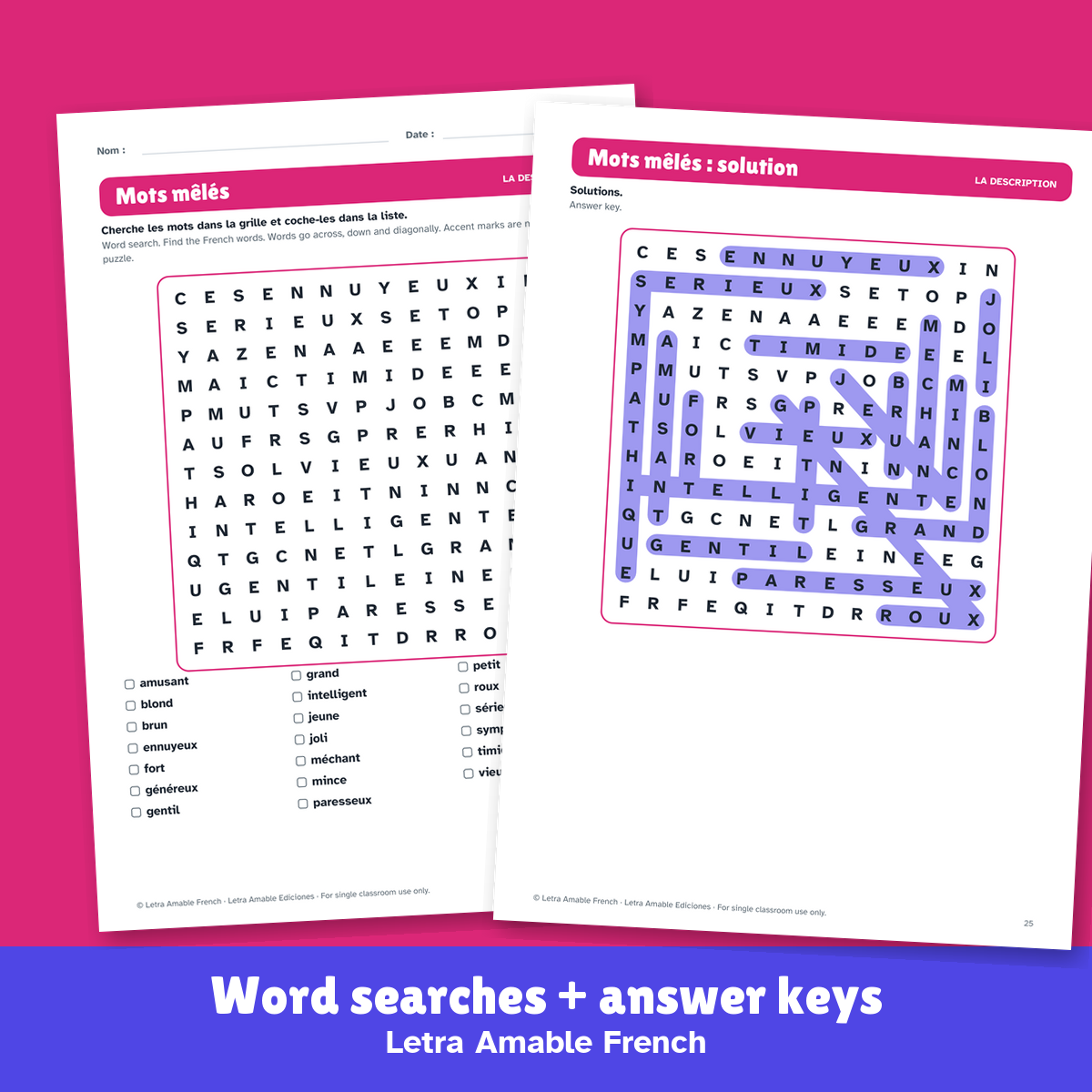 Describing People in French: Word Search, Crossword & Bingo | Teaching ...