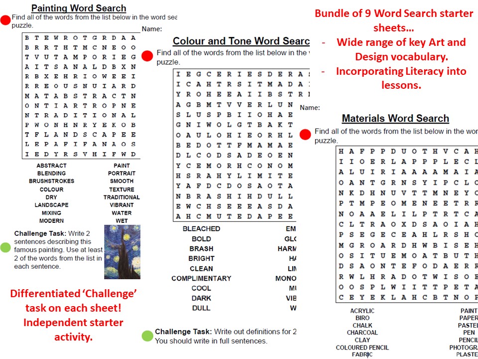 Art Vocab Wordsearch - 9 Differentiated Worksheets - Starter/ Independent Literacy Task