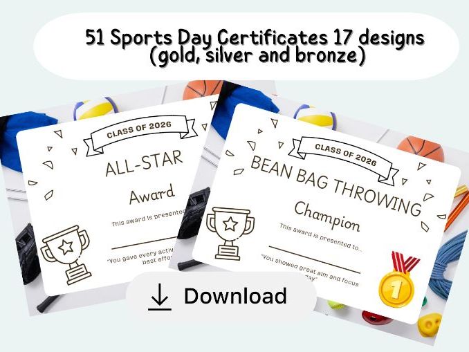 Sports Day Certificates Pack – 51 Printable Awards, 17 Designs (Gold, Silver, Bronze) | Primary PE