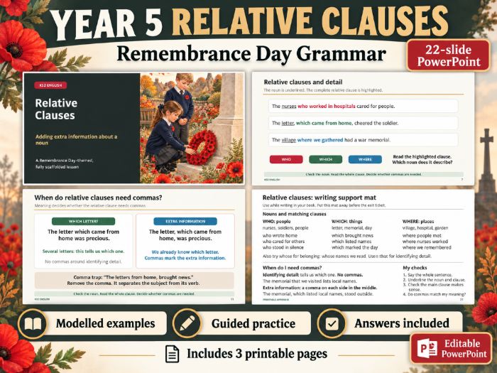 Relative Clauses | Remembrance Day Grammar Lesson Y5