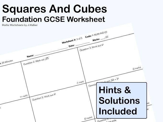 GCSE Maths Worksheet: Squares and Cubes - Foundation Tier
