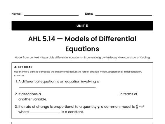 IB Math AI Worksheet AHL 5.14 - Models of Differential Equations