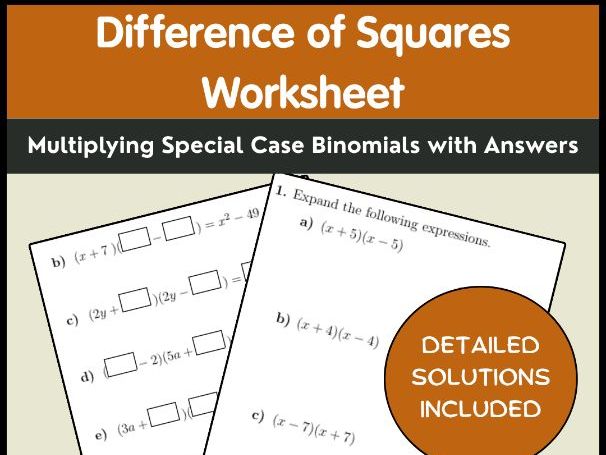 Difference of Squares Worksheet | Multiplying Special Case Binomials with Answer
