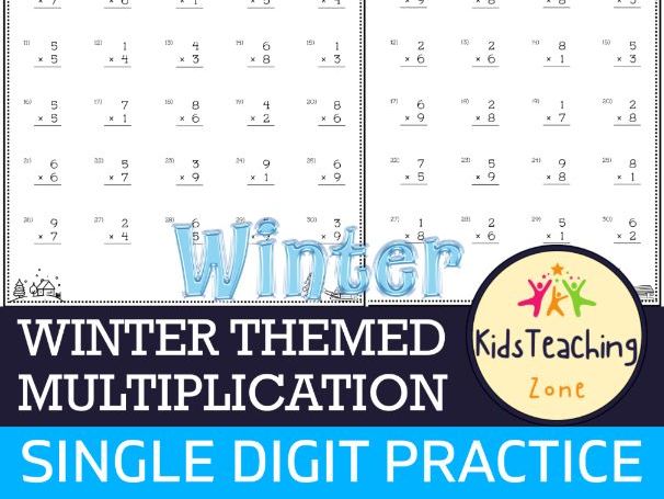 Winter Themed Math Single Digit Multiplication Practice Worksheets