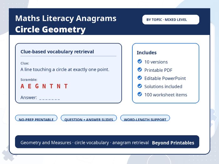 Maths Literacy Anagrams: Circle Geometry | 10 Printable Worksheets + Editable PowerPoint