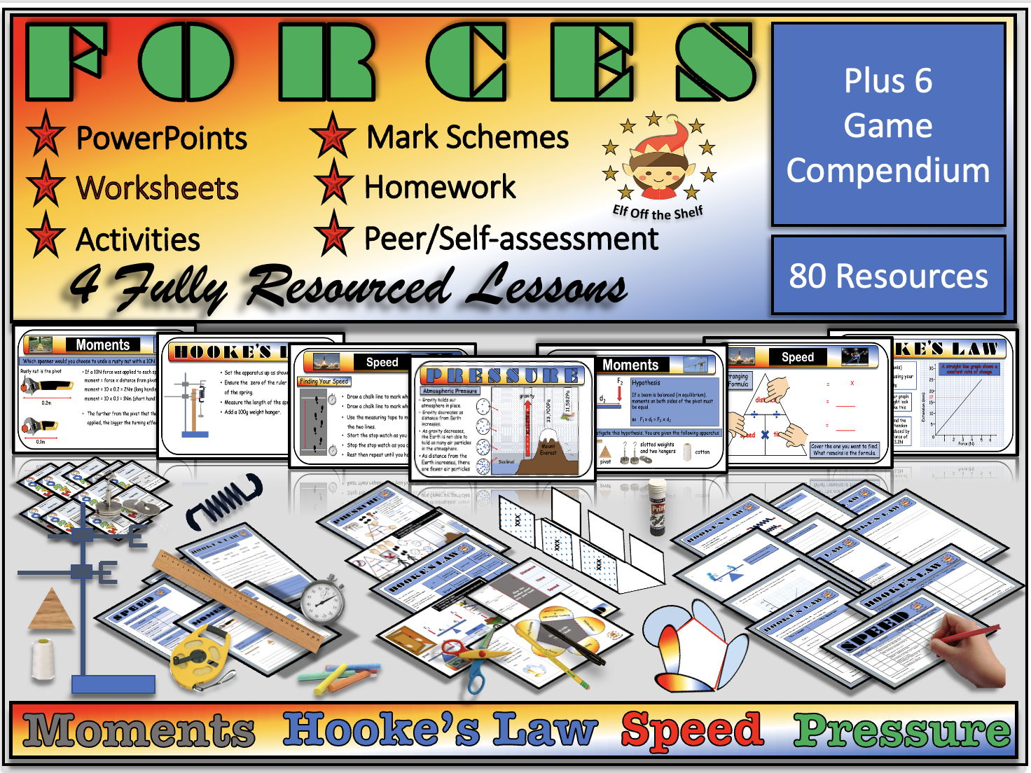 Forces  - Moments, Pressure, Speed and Hooke's Law 4 Fully Resourced Lessons Plus 6 Games  KS3