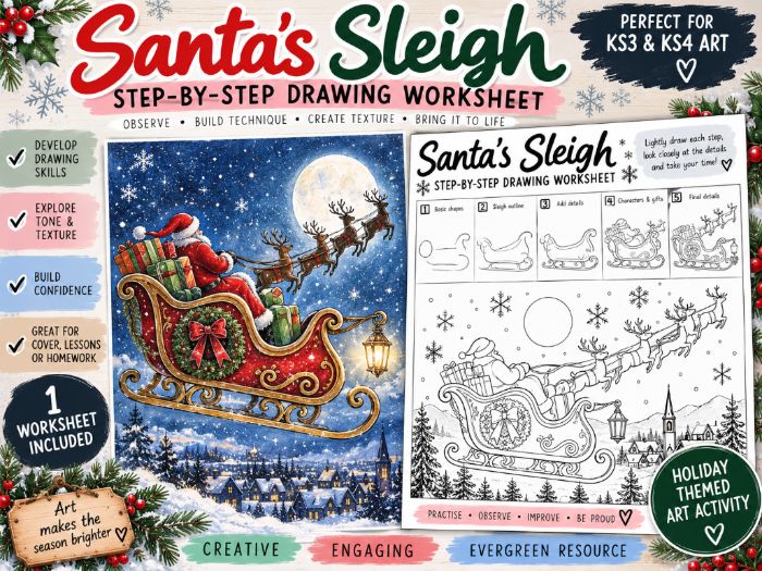 Santa’s Sleigh Christmas Value & Shading Worksheet | Pencil Drawing Art Activity | KS3 KS4