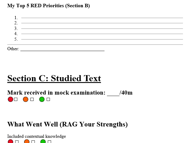 English Literature Pearson Edexcel RAG Rating