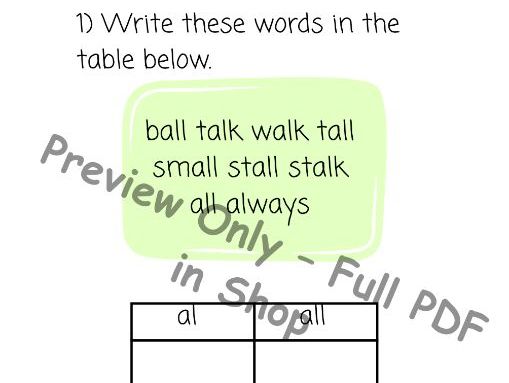 Year 2 Spelling – Sorting “al” and “all” Words (/ɔː/ Sound)