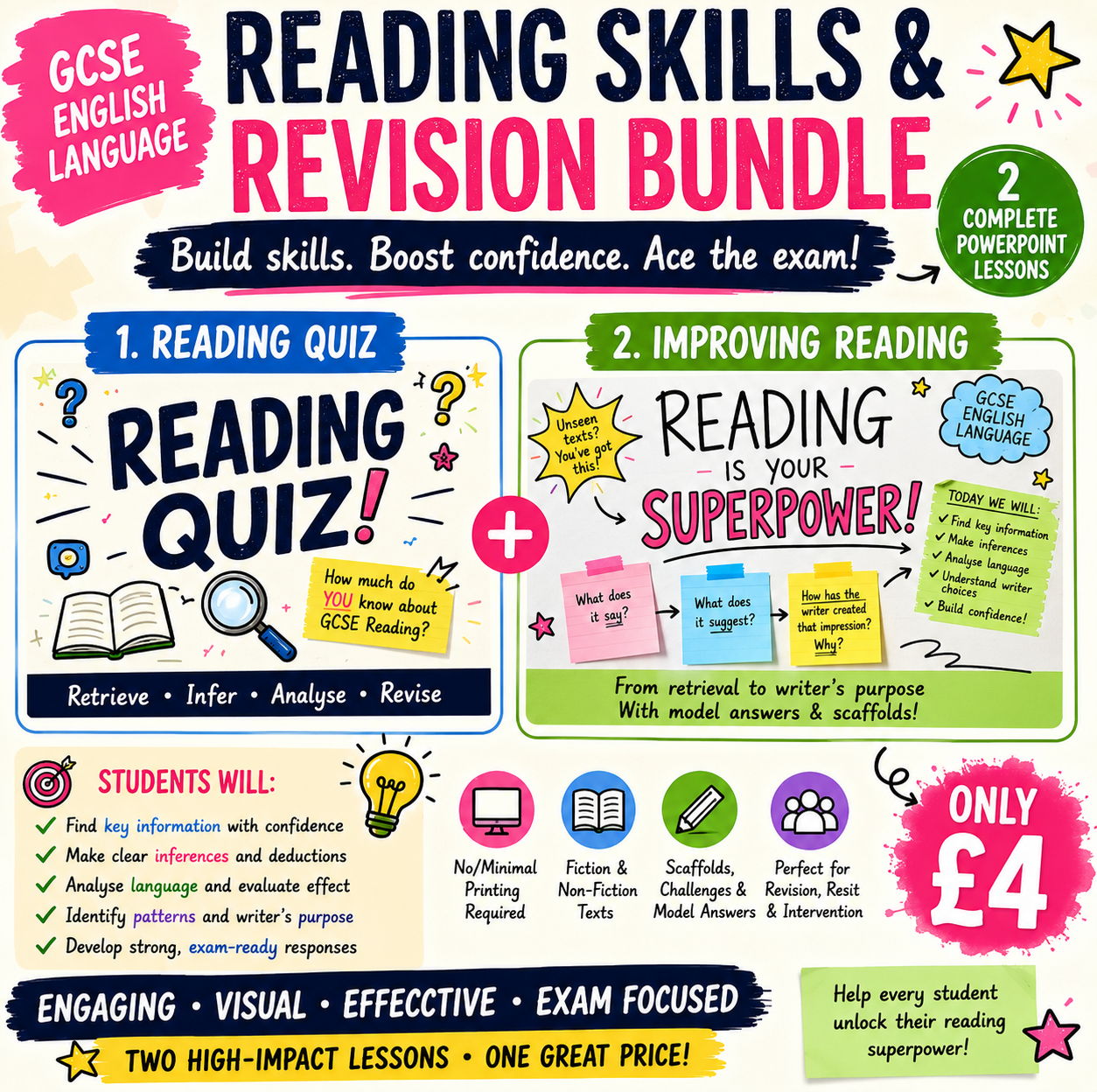 GCSE English Language Reading Skills & Revision Bundle | Reading Quiz + Reading Skills Lesson