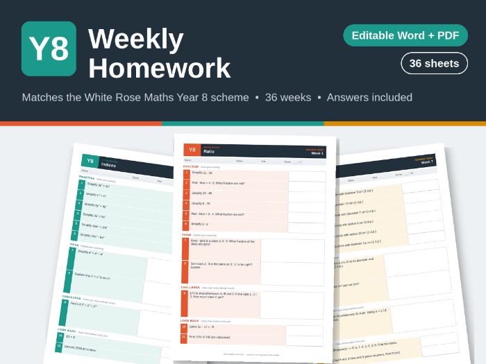 Year 8 Weekly Maths Homework – White Rose Maths aligned