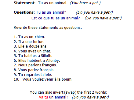 Asking questions French worksheet