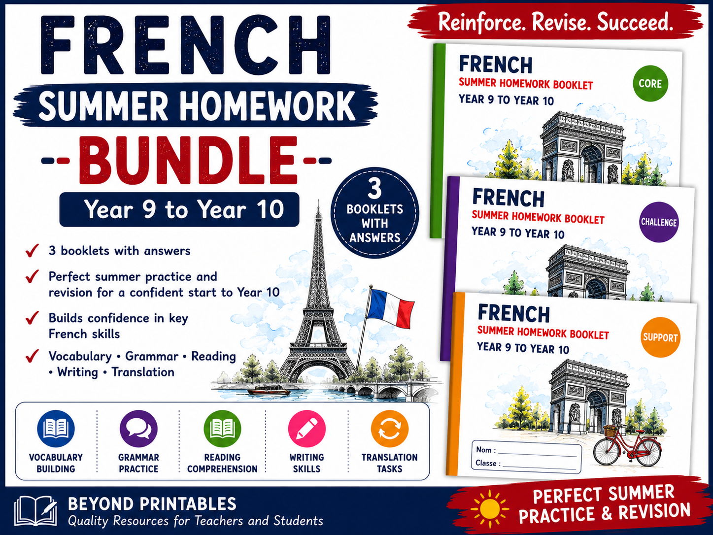 French Summer Homework Year 9 to Year 10 Complete Bundle | Support, Core & Challenge | With Answers