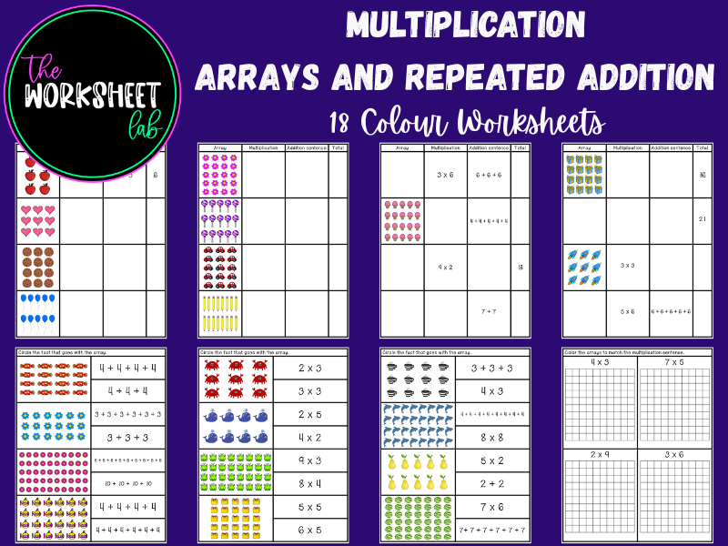 Multiplication - Arrays and Repeated Addition Worksheets in Colour
