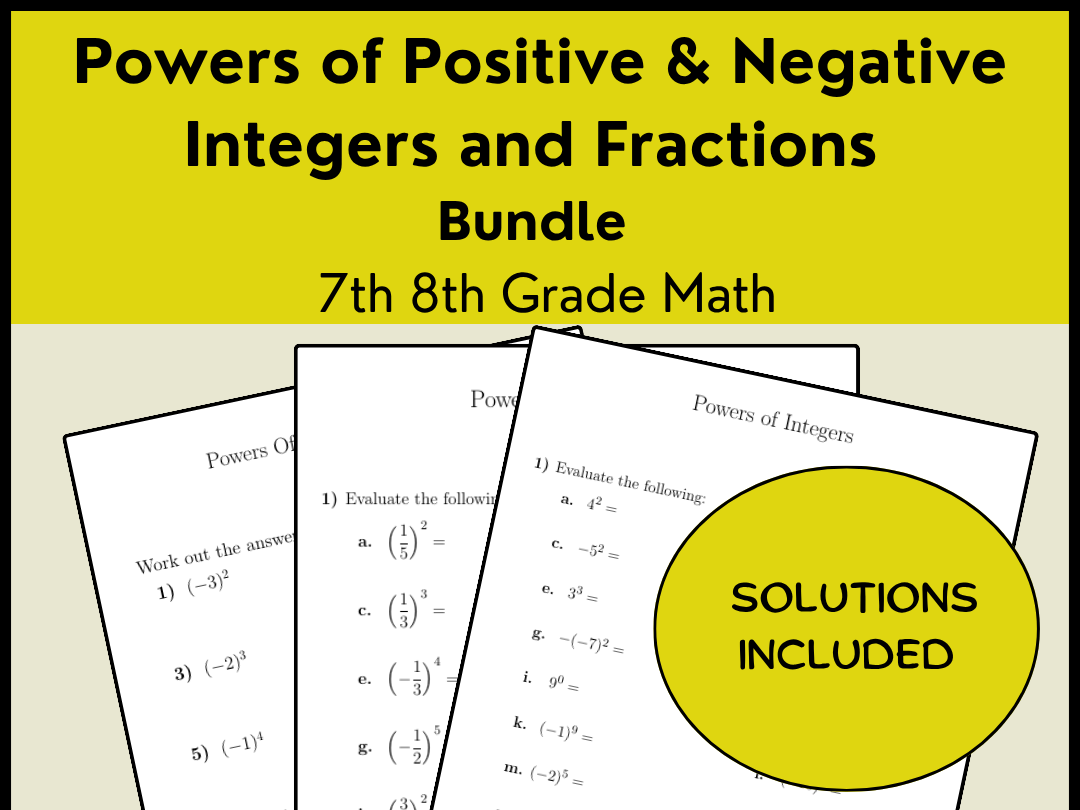 Powers of Positive & Negative Integers and Fractions Bundle | 7th 8th Grade Math