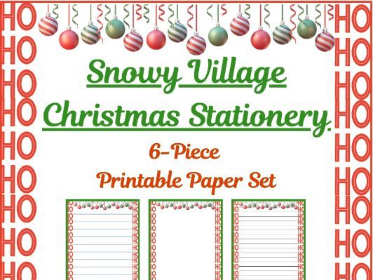 Snowy Village Christmas Stationery Pages 6 Printable Writing Papers (Color/B&W) (Lined/Unlined)