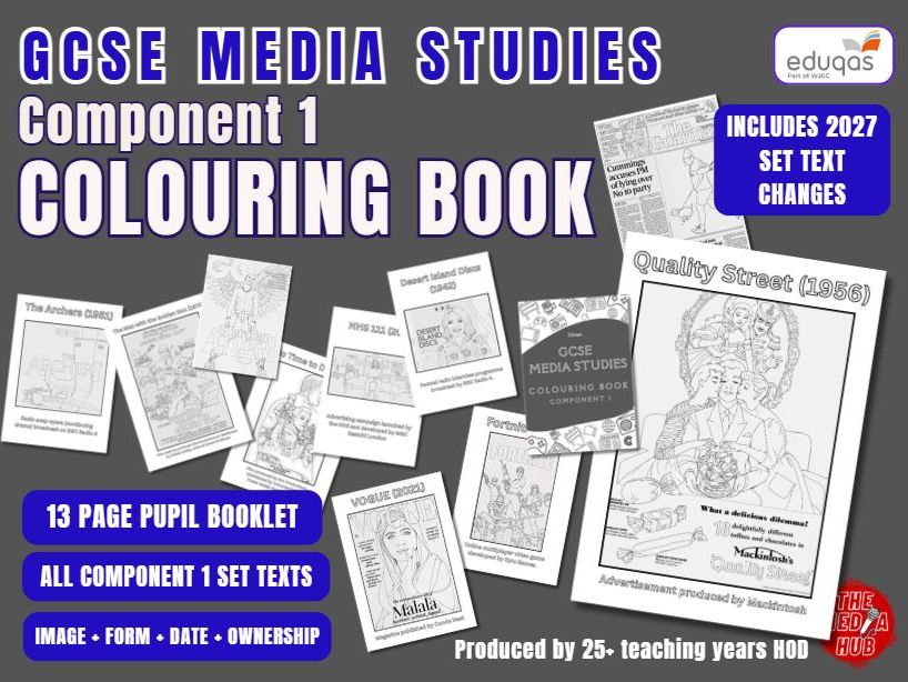 UPDATED 2027 GCSE Media Studies Eduqas Set Texts Colouring Pages | Starter Plenary Revision Fun