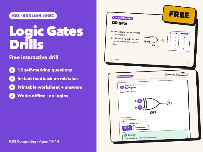 Logic Gates Self-Marking Drill: AND, OR, NOT, XOR | KS3 Computing | Free
