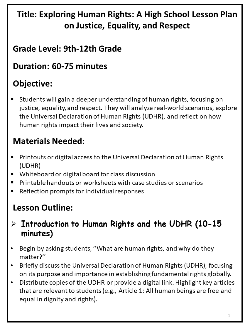 Human Rights Lesson Plan : Justice, Equality, & Respect | Ages 14-18 ...