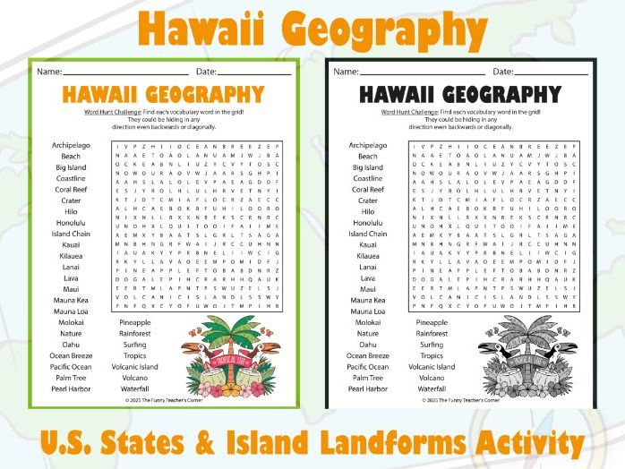 Hawaii Geography Word Search Puzzle | U.S. States & Island Landforms Activity