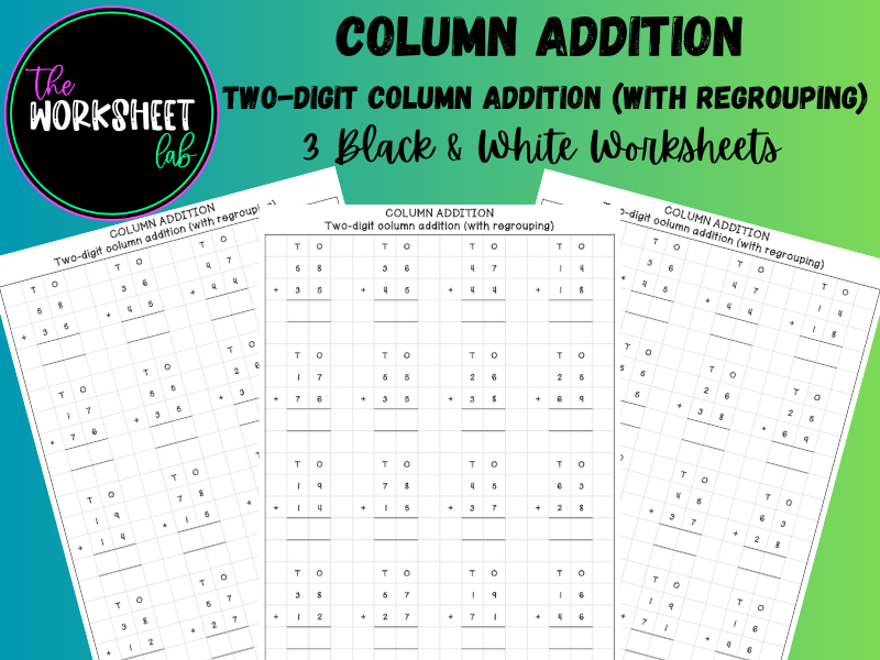 Two-Digit Column Addition on Squared Paper (With Regrouping) Worksheets in Black & White