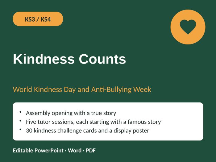 Kindness Counts: World Kindness Day and Anti-Bullying Week Assembly + 5 Tutor Sessions | KS3/KS4