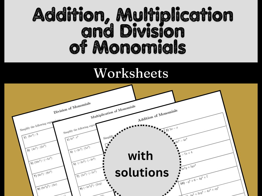 Addition, Multiplication and Division of Monomials Worksheets