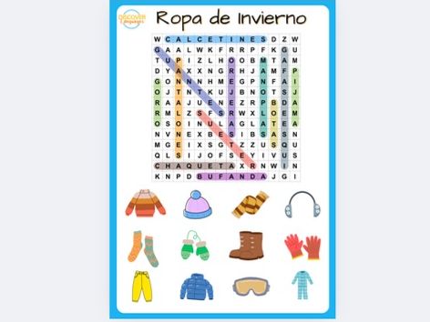 Spanish Winter Clothing Vocabulary Posters Worksheet and Wordsearch