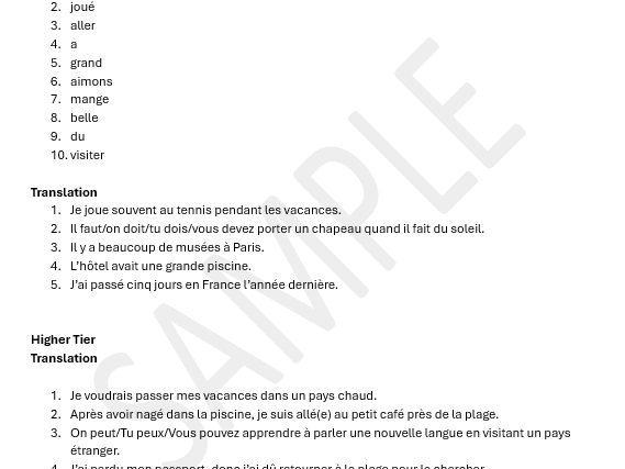 AQA 2026 GCSE Translation Practice French - Holidays