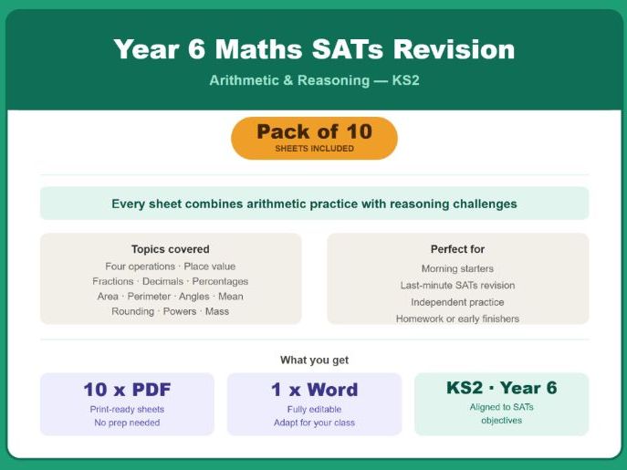 Year 6 Maths SATs Revision Sheets — Pack of 10 (Arithmetic & Reasoning)