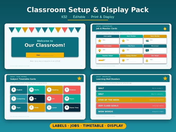Back to School Classroom Setup & Display Pack | KS2 — Editable Labels, Job Cards, Visual Timetable